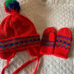 Vintage Baby/toddler Beanie hat and mittens set- so cute red Knit retro 80s